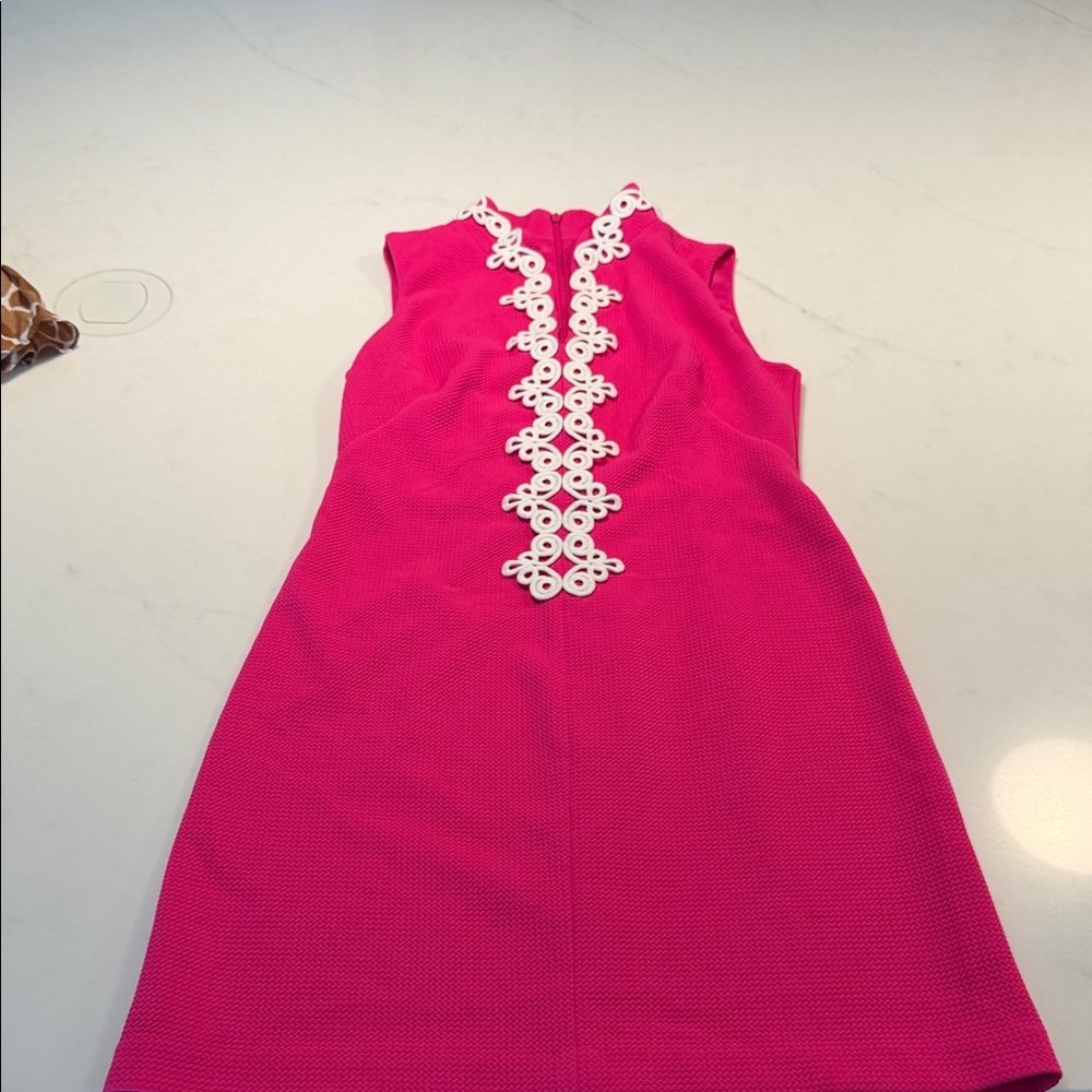 Vince Camuto size 4 Girls' Hot Pink Sleeveless Dress with White Crochet Trim - Picture 3 of 8